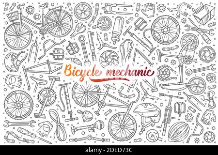 Hand gezeichnet Fahrrad Mechaniker Satz Doodle Vektor Illustration Hintergrund Stock Vektor