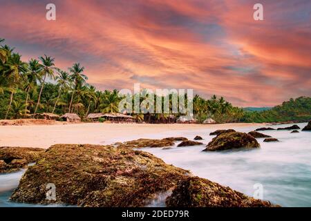 Lange Belichtung. Schönen und erholsamen Strand von grünen Palmen bei Sonnenuntergang flankiert. Cochin, Kerala, Indien. Stockfoto