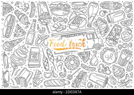 Hand gezeichnet Lebensmittel LKW set Doodle Vektor Illustration Hintergrund Stock Vektor