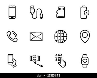 Satz schwarzer Vektorsymbole, isoliert vor weißem Hintergrund. Illustration zu einem Thema Handy. Grundlegende Funktionen und externe Geräte Stock Vektor
