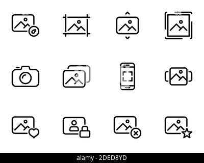 Set von schwarzen Vektor-Symbole, isoliert auf weißem Hintergrund, zum Thema Fotografie und soziale Interaktion. Einschränken des Zugriffs auf private Daten Stock Vektor