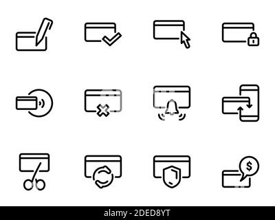 Satz schwarzer Vektorsymbole, isoliert vor weißem Hintergrund. Illustration zum Thema Kartenzahlungen und Bargeld Stock Vektor