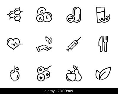 Satz schwarzer Vektorsymbole, isoliert vor weißem Hintergrund. Illustration zum Thema Vitamine und Nahrungsergänzungsmittel. Natürlich und chemisch Stock Vektor