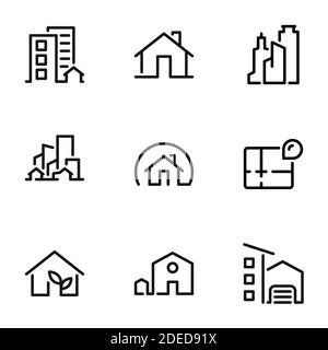 Set von schwarzen Vektor-Icons, isoliert auf weißem Hintergrund, auf Thema Haus, Wohnung, Büro, Wolkenkratzer Stock Vektor