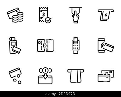 Satz schwarzer Vektorsymbole, isoliert vor weißem Hintergrund. Illustration zum Thema Kartenzahlungen und Bargeld Stock Vektor