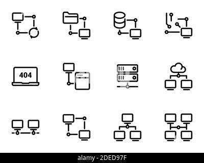 Satz schwarzer Vektorsymbole, isoliert vor weißem Hintergrund. Illustration zu einem Thema Server, Speicherung und Aktualisierung von Daten Stock Vektor