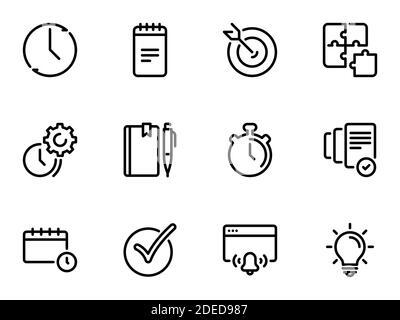 Satz von schwarzen Vektor-Symbole, isoliert auf weißem Hintergrund, auf Thema Zeitmanagement und persönliche Tracking-Tools Stock Vektor