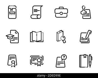 Satz schwarzer Vektorsymbole, isoliert vor weißem Hintergrund. Illustration zu einem Thema juristische Dokumente Stock Vektor