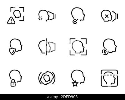 Satz schwarzer Vektorsymbole, isoliert vor weißem Hintergrund. Illustration zu einem Thema Gesichtserkennung Stock Vektor