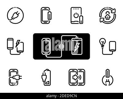 Satz schwarzer Vektorsymbole, isoliert vor weißem Hintergrund. Illustration zu einem Thema Laden Gadgets mit Power Bank Stock Vektor