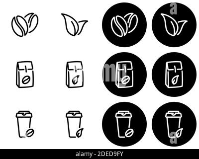 Satz schwarzer Vektorsymbole, isoliert vor weißem Hintergrund. Und auch weiße Symbole isoliert von einem schwarzen Hintergrund. Illustration zu einem Thema Tee und c Stock Vektor