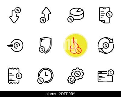 Satz schwarzer Vektorsymbole, isoliert vor weißem Hintergrund. Illustration zum Thema Steuern, Zinsen und heiße Kredite Stock Vektor
