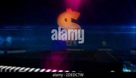 Dollar Geld Business Symbol, Wirtschaft und Finanzen abstraktes Konzept. 3D-Darstellung der Produktionslinie. Fabrik mit Laserbrennen. Stockfoto