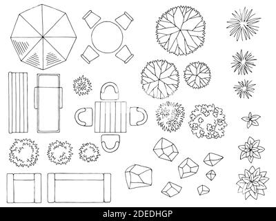 Landschaftsarchitekt Design Element Set Grafik schwarz weiß oben Skizze Luftaufnahme isolierter Illustrationsvektor Stock Vektor