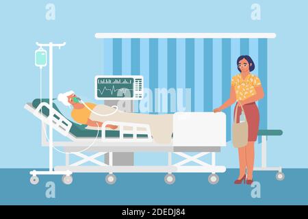 Reanimation medizinische Station mit Tropf, Ventilator, traurige Frau und Patient im Krankenhausbett, flache Vektorgrafik. Stock Vektor