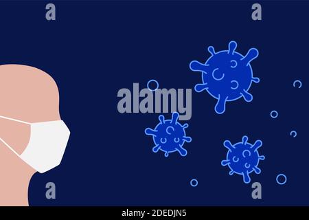 Gesicht mit Schutzmaske im Kampf mit Covid-19. Infografik zum Konzept der Coronavirus-Prävention. Menschlicher Kopf und Virus-Symbol. Blauer Verlaufshintergrund Stock Vektor