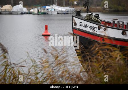 Potsdam, Deutschland. November 2020. In der Havel ist ein Schiff namens 'Sturmvogel' (Sturmvogel) vor einer Fairwayboje vertäut. Quelle: Britta Pedersen/dpa-Zentralbild/ZB/dpa/Alamy Live News Stockfoto