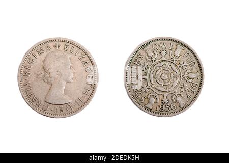 Alte Münzmünzen Geld Königin Elizabeth II die zweiten 2 Schillinge Silber 1956 British U.K. Vereinigtes Königreich Stockfoto