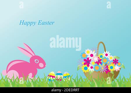 Grußkarte Frohe Ostern. Vektor-Illustration mit einem rosa Kaninchen, Korb mit Blumen und Ester Eier. Bildunterschrift Frohe Ostern Stock Vektor