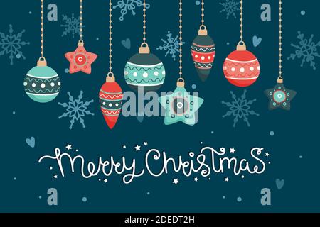 Weihnachtskarte mit hängenden Dekorationen und handgezeichneten Schriftzügen Stock Vektor
