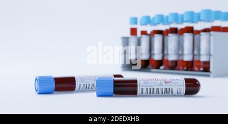 Coronavirus Covid19 Reagenzgläser in einem Rack. Medizinisches Screening und Covid Tests Produktion 3d Rendering Stockfoto