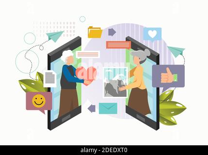 Junges Paar mit Mobiltelefonen zum Chatten, Teilen von Dateien, Fotos mit Likes, Kommentare, flache Vektor-Illustration. Stock Vektor