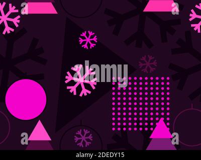 Weihnachtliches Nahtloses Muster mit geometrischen Formen im Stil der 80er Jahre. Weihnachtskugeln und Weihnachtsbäume mit Dreiecken, Kreisen und für Broschüre Stock Vektor