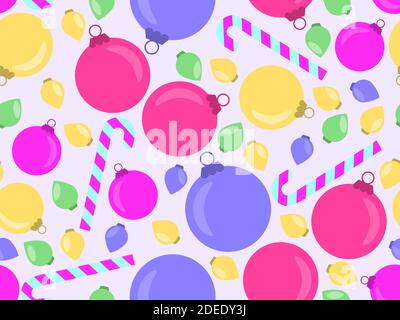 Weihnachtskugeln und Candy Cane nahtlose Muster. Weihnachtsschmuck für Grußkarten, Geschenkpapier, Banner und Poster. Vektorgrafik Stock Vektor