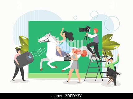 Film Crew Aufnahme Film, flache Vektor-Illustration. Schauspielerin Reiten Pferd. Kinematografie, Filmverfahren. Stock Vektor
