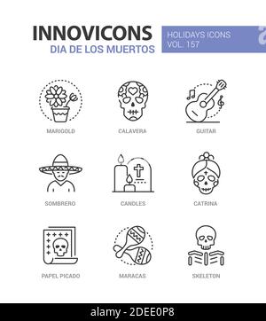 Dia de los Muetros - Moderne Linie Design Stil Ikonen gesetzt. Mexikanische Feiertage Zeichen, Traditionen und Symbole Idee. Ringelblume, Calavera, Gitarre, Sombrero, Dose Stock Vektor