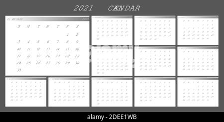 Jahreskalender-Vorlage für 2021 Jahre im minimalistischen weißen Stil. Wand Monatskalender Satz von 12 Monaten 2021 Seiten bereit für den Druck. Die Woche beginnt am Sonntag. Stock Vektor