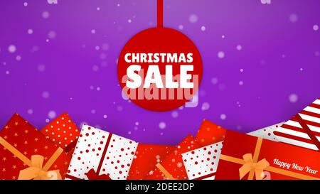 Frohe Weihnachten und Frohes neues Jahr. Viele verschiedene Neujahrsgeschenke auf dem Hintergrund der Inschrift Weihnachtsverkauf. Farbig. Symbol Für Winterurlaub Stock Vektor