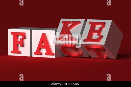 Würfel mit Buchstaben umkehren und die Wörter ändern sich von TATSACHE zu FÄLSCHUNG. 3d-Rendering Stockfoto