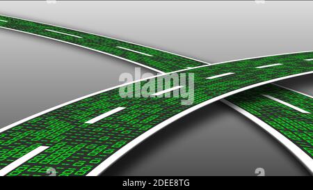 Digitale Datenstreaming auf einer Autobahn - Reihe von Ziffern Binärcode in grün auf grauem Hintergrund - abstrakte 3D-Illustration Stockfoto