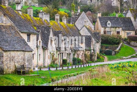 Traditionelle cotswold Steinhütten, Arlington Row, Bibury, Gloucestershire, England Stockfoto