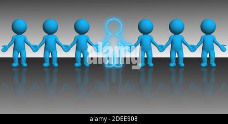 Miss You Thema - Linie der blauen 3D Menschen halten Hände - eine fehlt in der Mitte - Reflexionen auf Grauer Boden - abstrakte 3D-Illustration Stockfoto