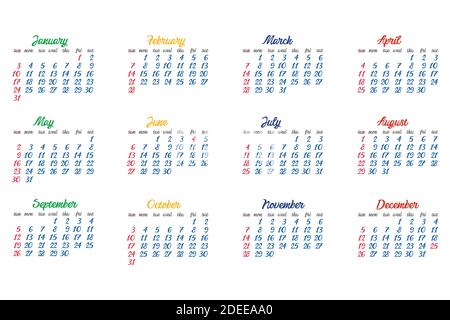 2021-Jahres-Kalender auf weißem Hintergrund Stock Vektor