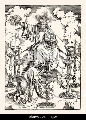 Vision von Johannes auf Patmos, die sieben Leuchter von Albrecht Dürer, 1498, digital restauriert Stockfoto