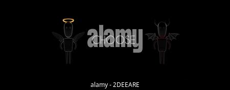 Engel und Teufel lustigen Charakter. Wählen Sie ein gutes oder schlechtes Konzept auf schwarzem Hintergrund 3d Render 3d-Illustration Stockfoto