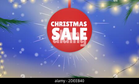 Frohe Weihnachten und Frohes neues Jahr. Die Inschrift Neujahrs Rabatte auf einem schönen festlichen Hintergrund. Warmes, Realistisches Licht. Fliegende Schneeflocken Stock Vektor