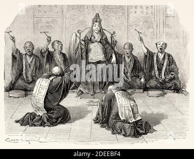 Großer buddhistischer Priester, der verehrt wird, Japan. Alte Illustration aus dem 19. Jahrhundert Reise nach Japan von Aime Humbert aus El Mundo en La Mano 1879 Stockfoto