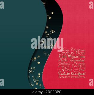 FROHE WEIHNACHTEN Text in mehreren Sprachen, Gold Konfetti auf pastellgrün schwarz rot Hintergrund und Text Frohe Weihnachten Frohes neues Jahr. Speicherplatz kopieren. 3D Stockfoto