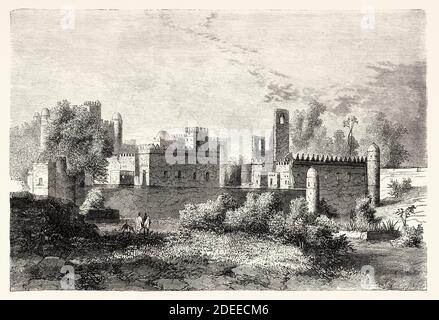 Der Kaiserpalast in Gondar, Äthiopien. Eingraviert aus dem 19. Jahrhundert, Erzählung einer Reise durch Abessinien von Guillaume Lejean aus El Mundo en La Mano 1879 Stockfoto