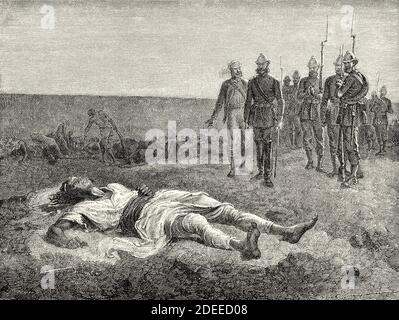 Die britische Armee findet Tewodros Leiche nach seinem Selbstmord Tewodros II, Äthiopien. Eingraviert aus dem 19. Jahrhundert, Erzählung einer Reise durch Abessinien von Guillaume Lejean aus El Mundo en La Mano 1879 Stockfoto