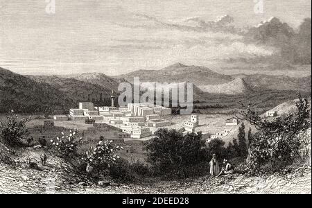 Alte Ansicht von Nazareth, Nordbezirk von Israel. Alte Illustration aus dem 19. Jahrhundert Reise nach Jerusalem von Alphonse de Lamartine aus El Mundo und La Mano 1879 Stockfoto