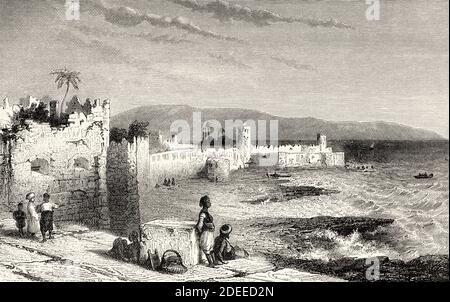 Mauern von Saint Jean d'Acre, Acre, Israel. Alte Illustration aus dem 19. Jahrhundert Reise nach Jerusalem von Alphonse de Lamartine aus El Mundo und La Mano 1879 Stockfoto