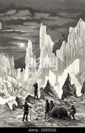 Labyrinth von Eisbergen. Alte eingravierte Illustration des 19. Jahrhunderts. Zweite deutsche Nordpolarexpedition 1869 von El Mundo en La Mano 1879 Stockfoto
