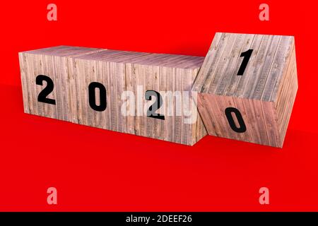 Holzwürfel mit Zahlen. 2020 Wechsel zum neuen Jahr 2021. Geometrische Formen auf rotem Hintergrund. 3D-Rendering. Stockfoto