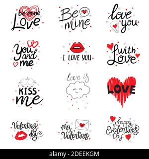 Satz von handgezeichneten Vektor-Schriftzug Zitate für Valentinstag. Alles Liebe zum Valentinstag. Ich liebe dich. Stock Vektor