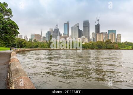 Sydney, New South Wales, Australien; BLICK auf hohe Bürogebäude aus der Sicht des Botanischen Gartens in Sydney. Stockfoto